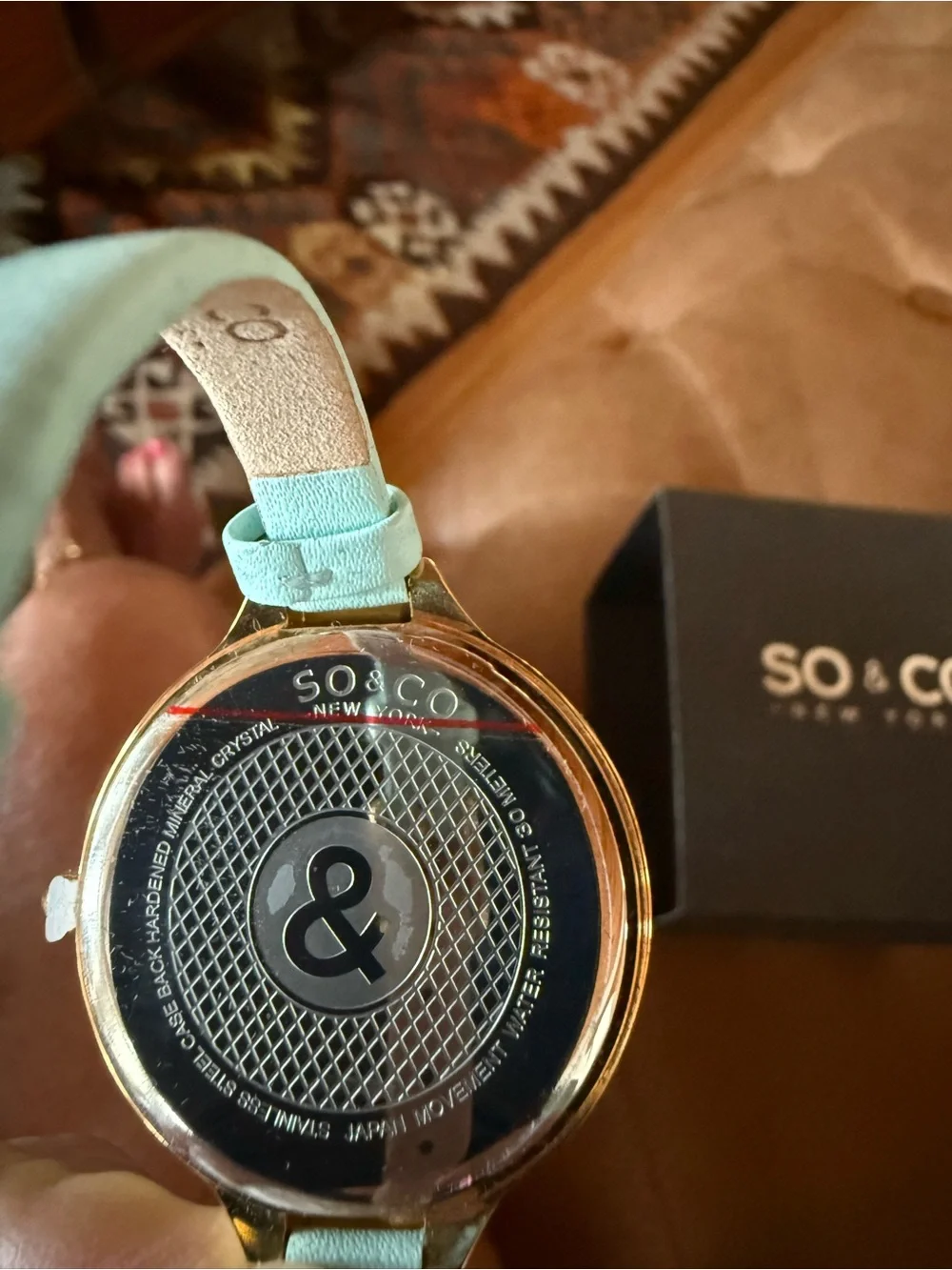 SO & CO New York SoHo Women's Watch - Gold w/ Crystal Bezel & Mint Green Leather